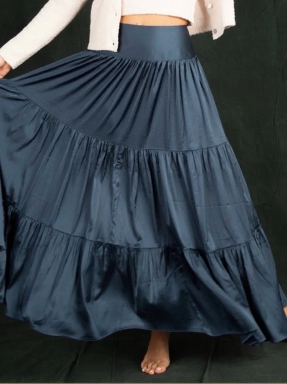 Natural Life Black Satin Boho Maxi Skirt Flowy Tiered Cottagecore Size Medium